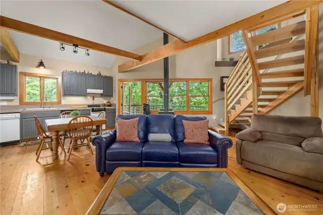Living room view- highlighting staircase to the loft