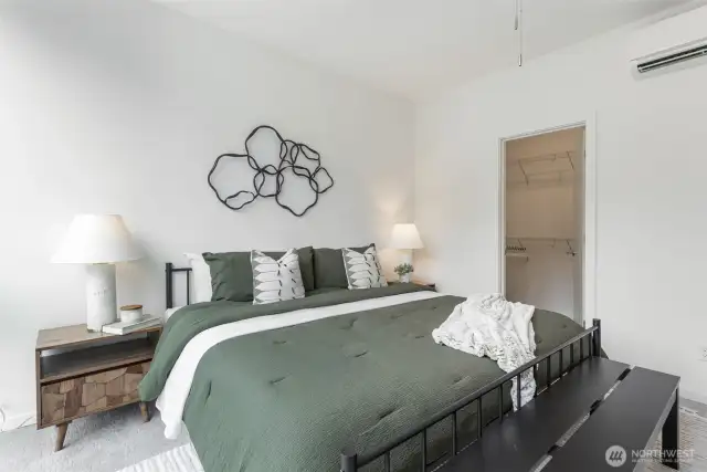 Large walk-in closet pictured to the right of bed.