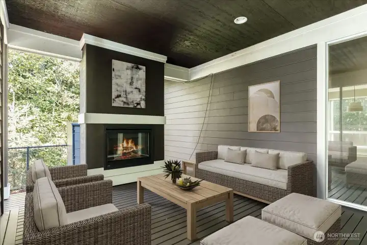 Outdoor Covered Patio with Fireplace  virtually staged