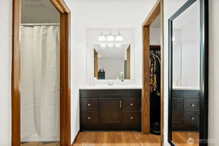 The bathroom on the left is toilet + large shower, sink is in between bath and walk-in closet on the right.