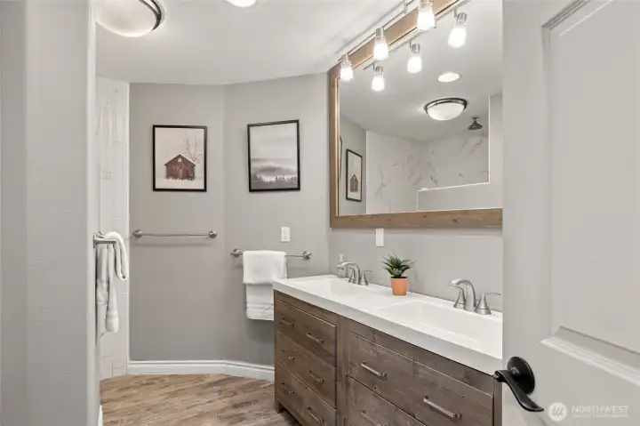 There are two 3/4 bathrooms on the lower level.