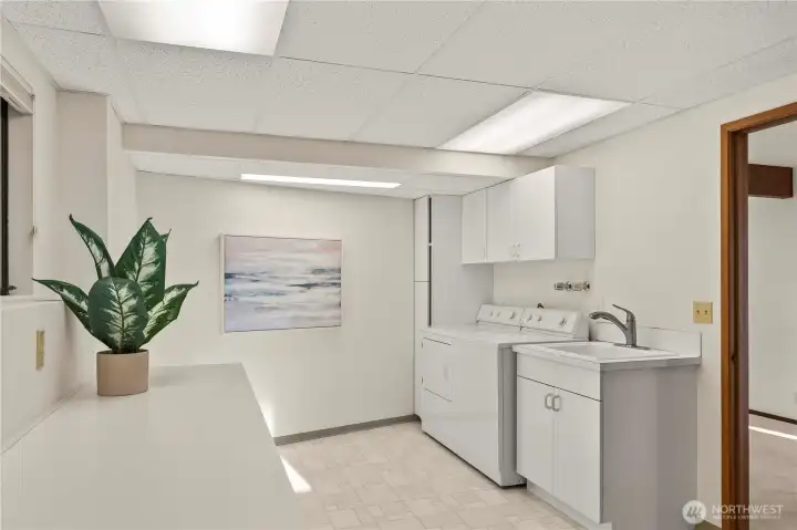 Large laundry room with access to the back yard