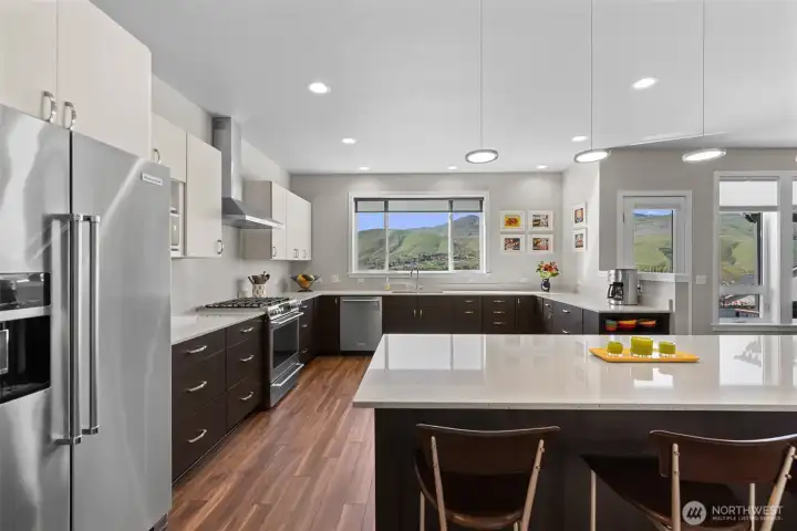 Chef's kitchen, gas stove dual fuel range, quartz countertops, eating area in kitchen with view