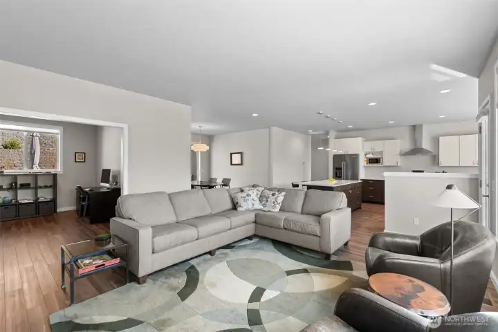 Open living kitchen, dining, patio on both South and North