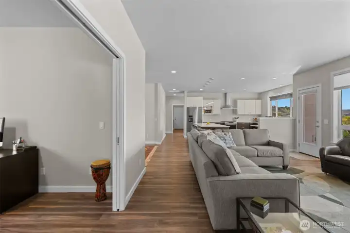 Office separated from living area with double pocket door