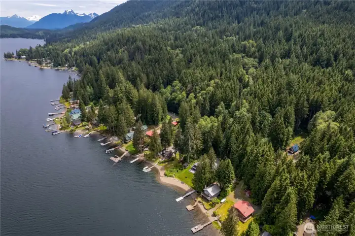 Lake stocked with trout, bass, and kokanee.