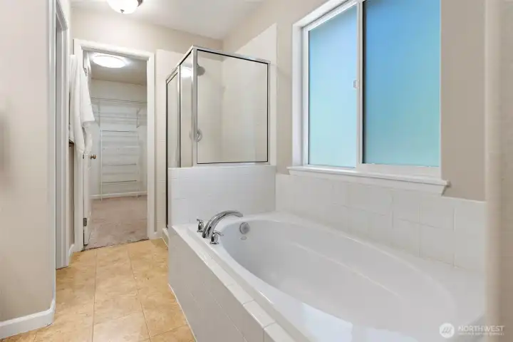 Giant soaking tub and walk in closet.