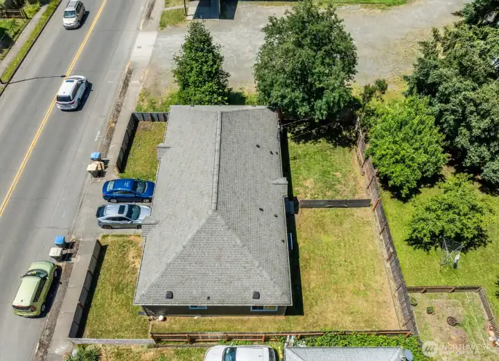 Overhead view showcasing the property's generous outdoor space and duplex configuration.