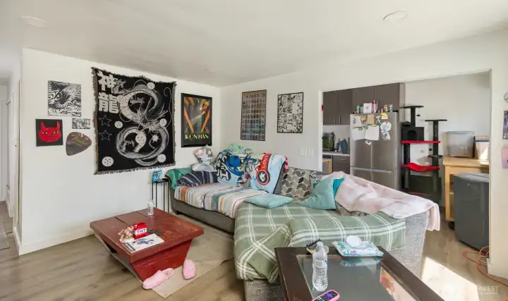 Main living area provides convenient access to the kitchen.
