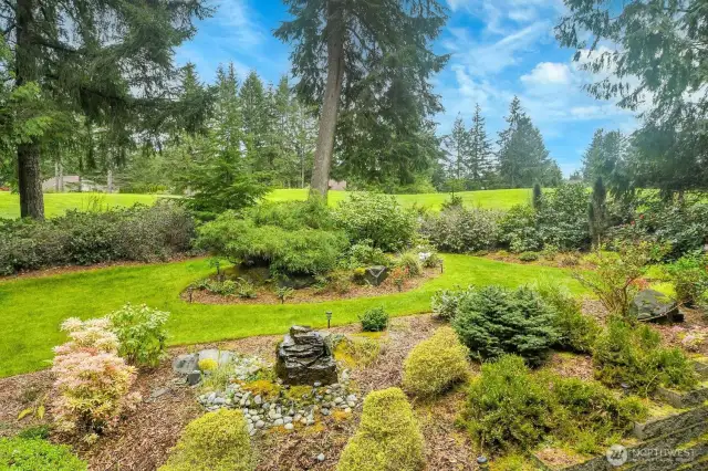 Mature landscaped yard with water feature