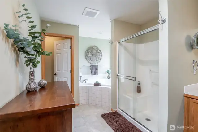 Primary Bedroom has Vaulted Ceilings, nice window for letting in the daylight, a huge walk in closet, 5 piece bath + large vanity.