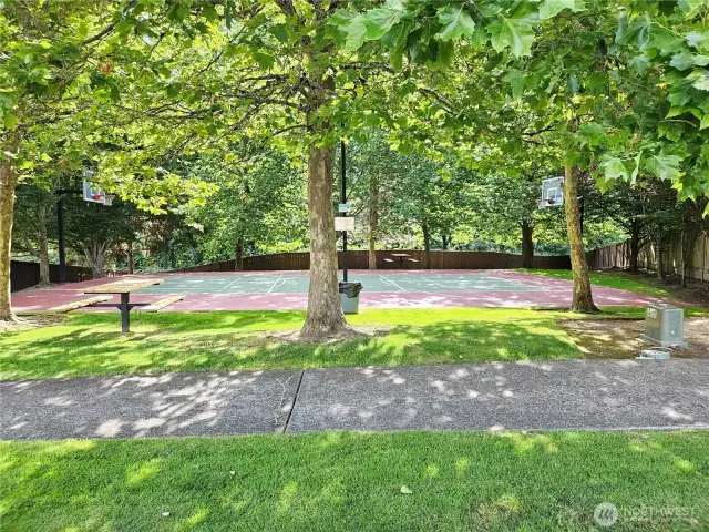 Community Sport Court & Park, just 1 block away.  Sport Court has painted full court basketball lines & glass backboards.