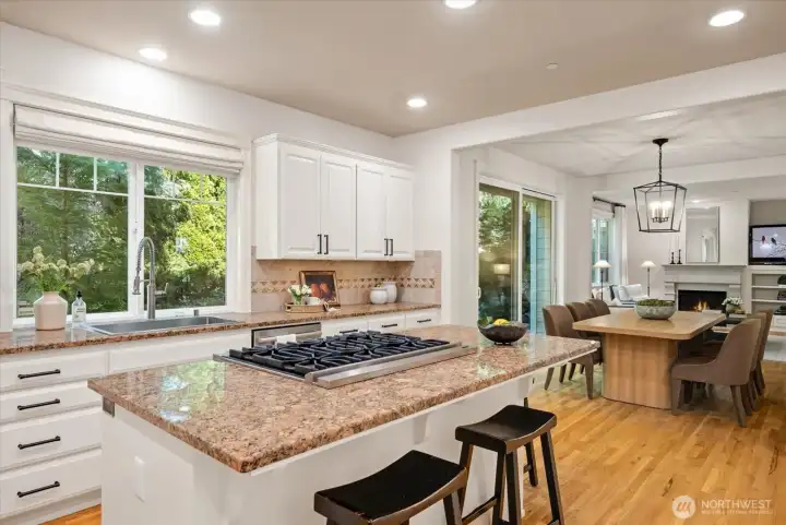Large kitchen island, perfect for gatherings! The entire space flows so seamlessly between the kitchen, breakfast nook and family room!