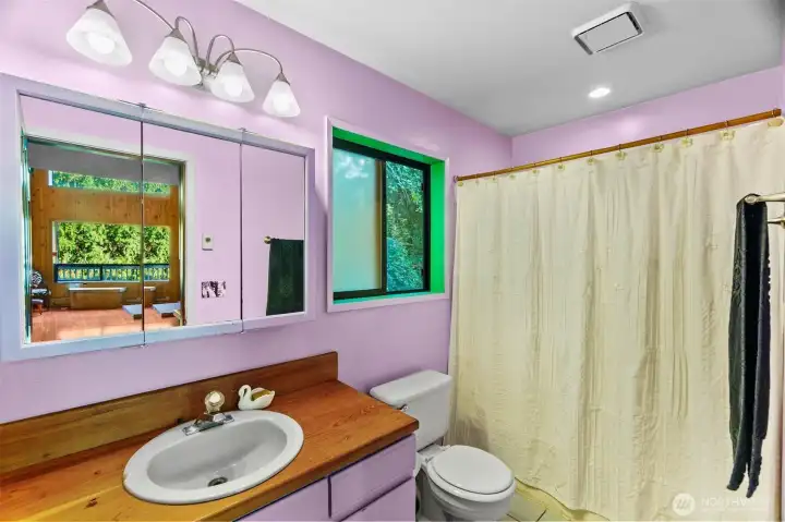 Main level full bath with wood counters