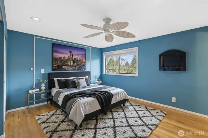 Primary bedroom-Photos have been virtually staged. Furniture and décor shown are for illustrative purposes only.