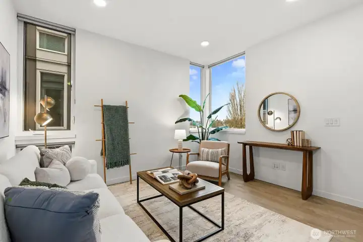 High ceilings and big windows create a light filled space.