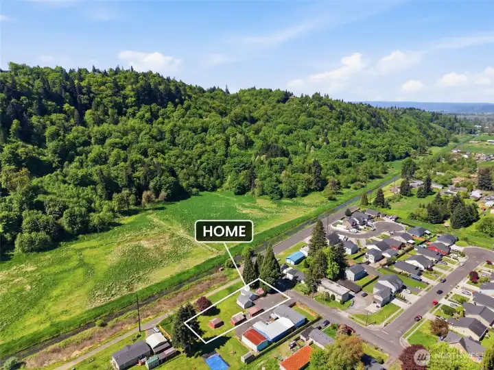 Arial view of the property and land around it