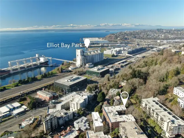 This drone shot shows the building's proximity to the waterfront.