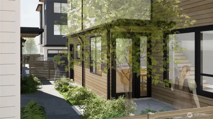 This image is a 3D rendering.   Step into thoughtfully designed outdoor spaces, perfect for unwinding and enjoying the fresh air at your doorstep.
