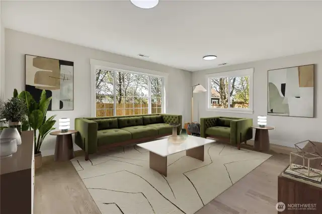 Virtually staged family room, all new windows.