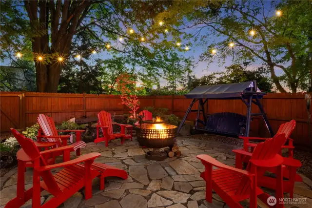 String lights and colored ground lighting add to the ambiance.