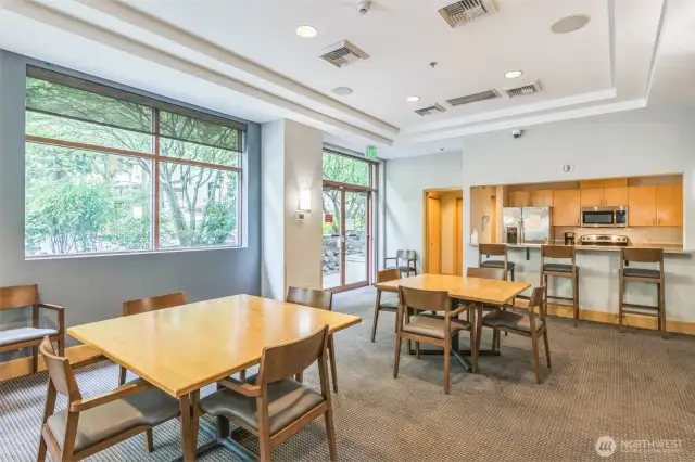 The residents’ lounge is thoughtfully designed with a full kitchen—ideal for entertaining or casual get-togethers.