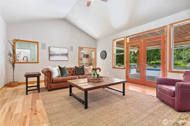 The great room is just off the kitchen and dining area