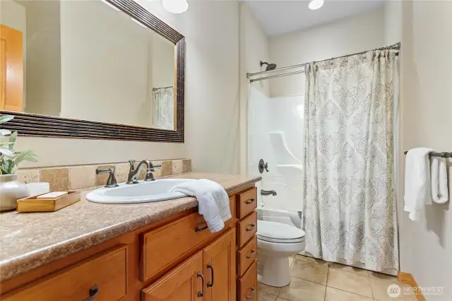 The downstairs full bathroom. There is also a powder bath near the mud room