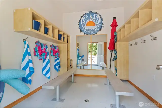 There is a pool changing room with an attached 3/4 bath with shower. There is also an outside shower and water fountain!