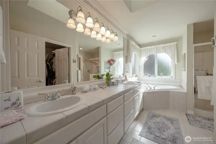 Primary suite Luxurious 5 piece bath featuring double vanity, walk in closet, and gleaming soaking tub!