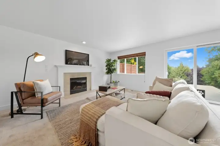 Living room with new carpet.