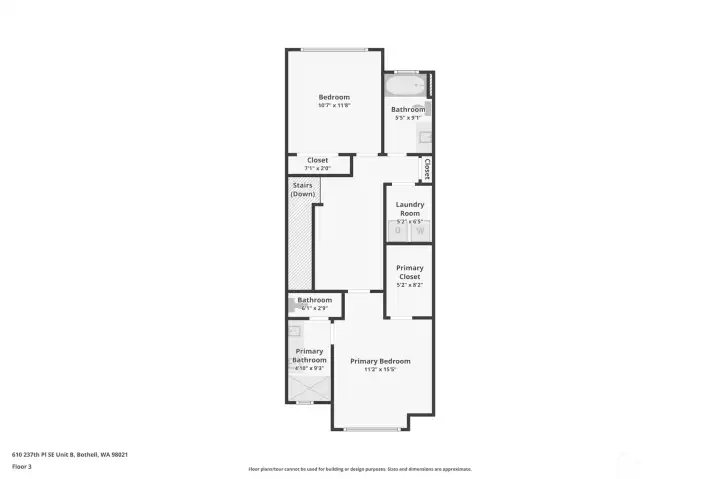 3rd floor primary suite with bathroom and walk-in closet, laundry room, bedroom, bathroom.