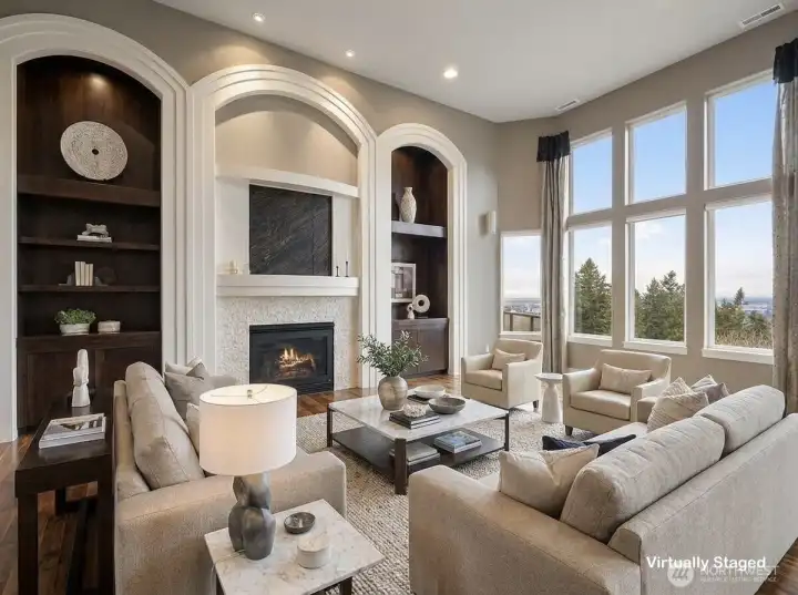 living room, hidden tv, high ceilings, arches