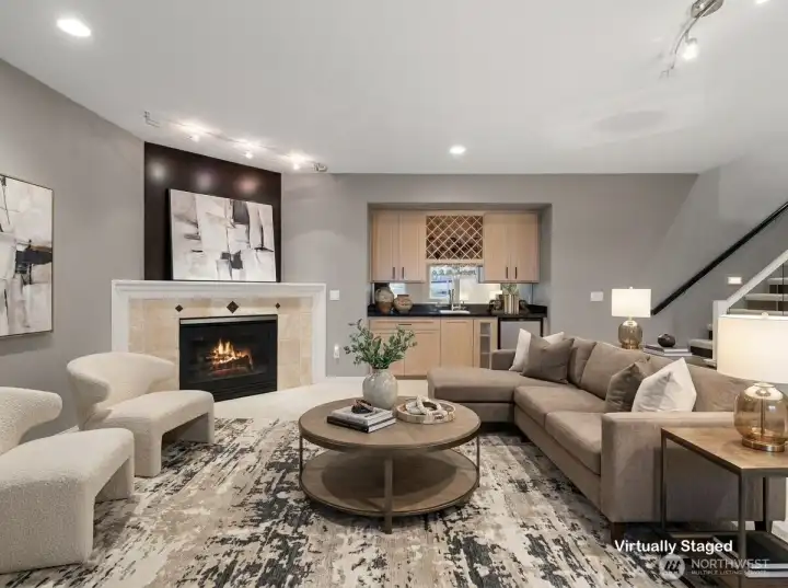 family room with wet bar and fireplace