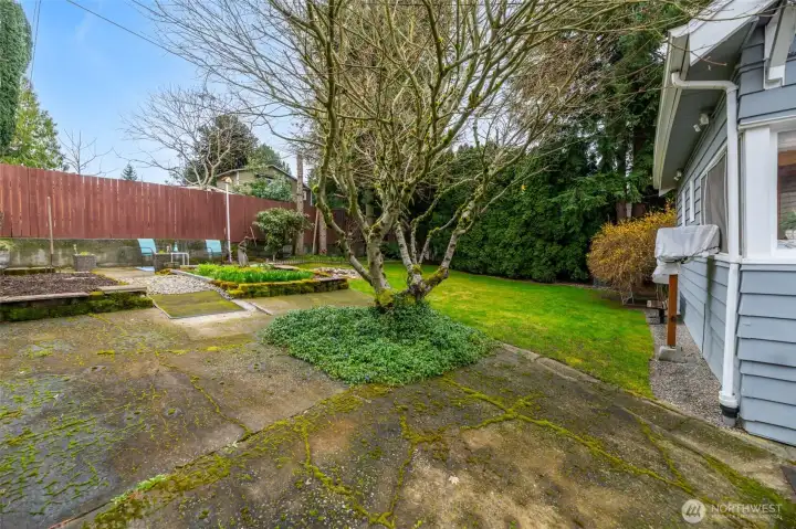 Spacious, fully fenced rear yard with alley access.  Very private.