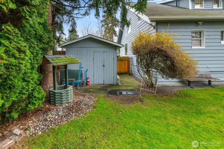 Fully fenced year yard with 10x12 shed for all your tools and toys.