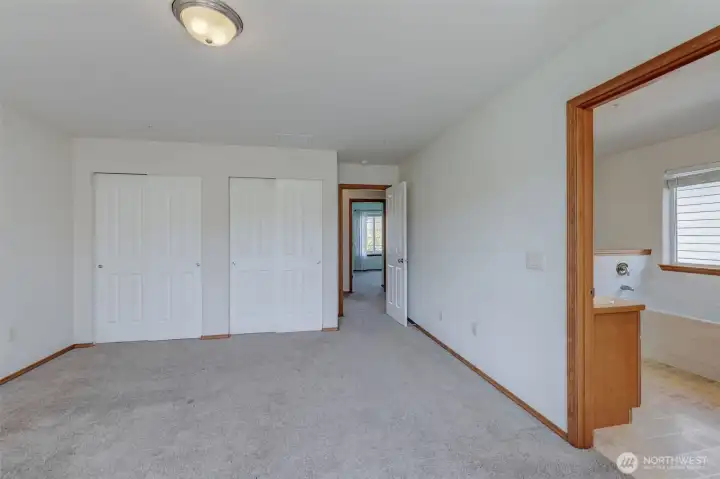 Spacious primary bedroom with large double windows for natural light and backyard views.