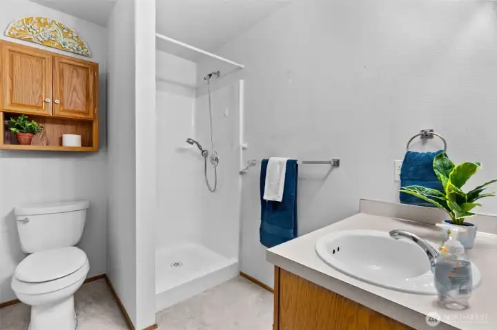 Guest bath with stall shower and Oak cabinets.