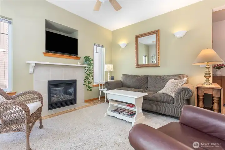 The gas fireplace lends warmth and a cozy feel in the fall and winter.