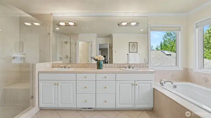 The double vanity and bright, neutral decor make for delightful mornings The double vanity and bright, neutral decor make for delightful mornings