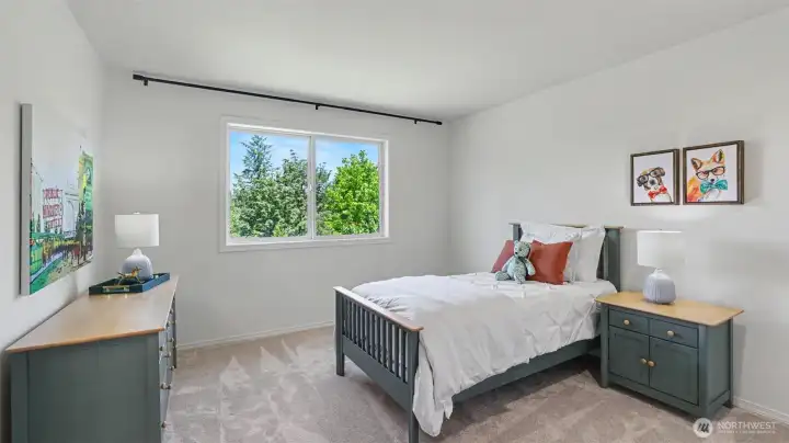 Charming secondary bedroom with new carpet shares a jack-and-jill bathroom Charming secondary bedroom with new carpet shares a jack-and-jill bathroom