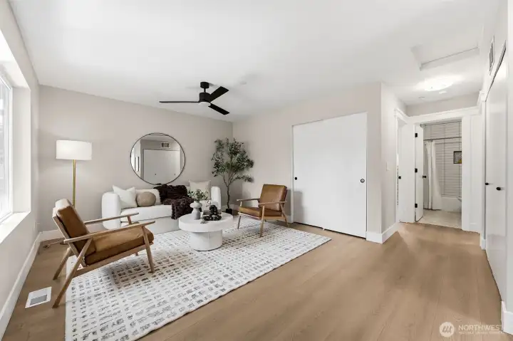 Large upstairs bonus room for a second gathering space for family