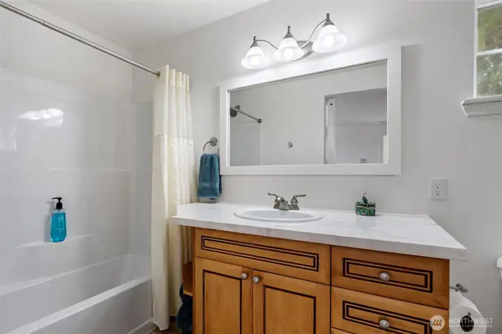Brand new full bath in the lower level bathroom suite.