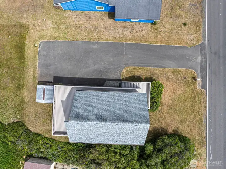 Aerial view of the home and lot.