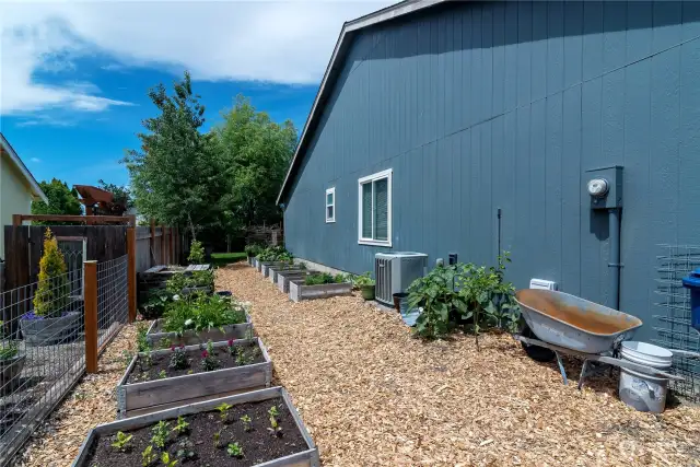 Side yard with raised garden beds
