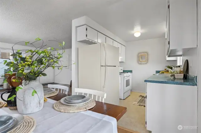 Looking at the kitchen from the dining room.