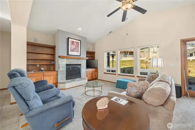 Gas fireplace with builtin storage.