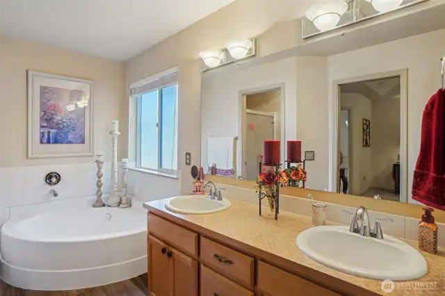 Corner soaking tub in primary bath