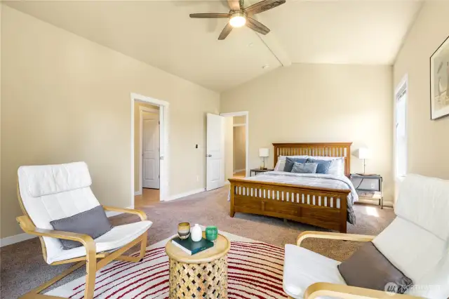 Spacious Primary bedroom boast 11 foot vaulted ceilings
