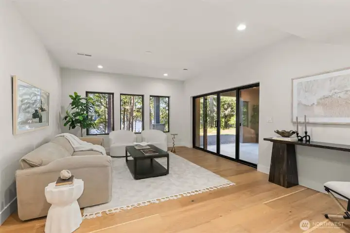 Lower level living room with slider to patio.